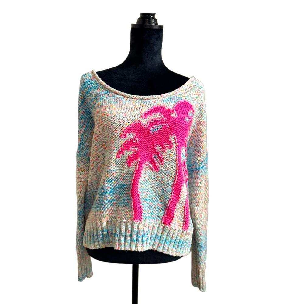 Anthropologie's Cotton Knit Sweater with bright pink palm trees in size M